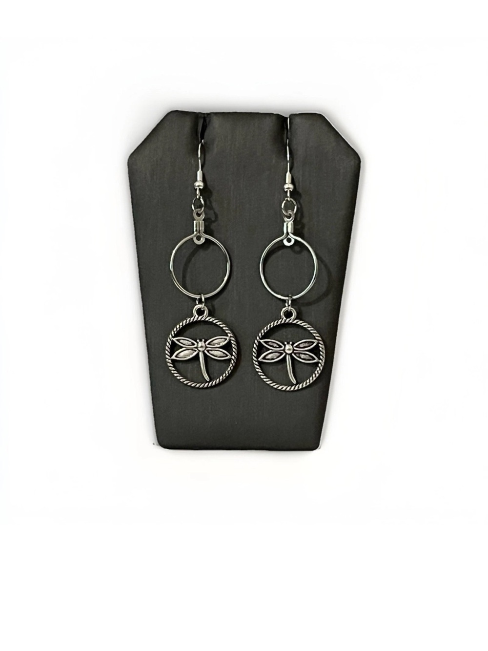 Gothic Dragonfly Circle Earrings Silver Tone Braided Hoop Dangle Insect Witchy